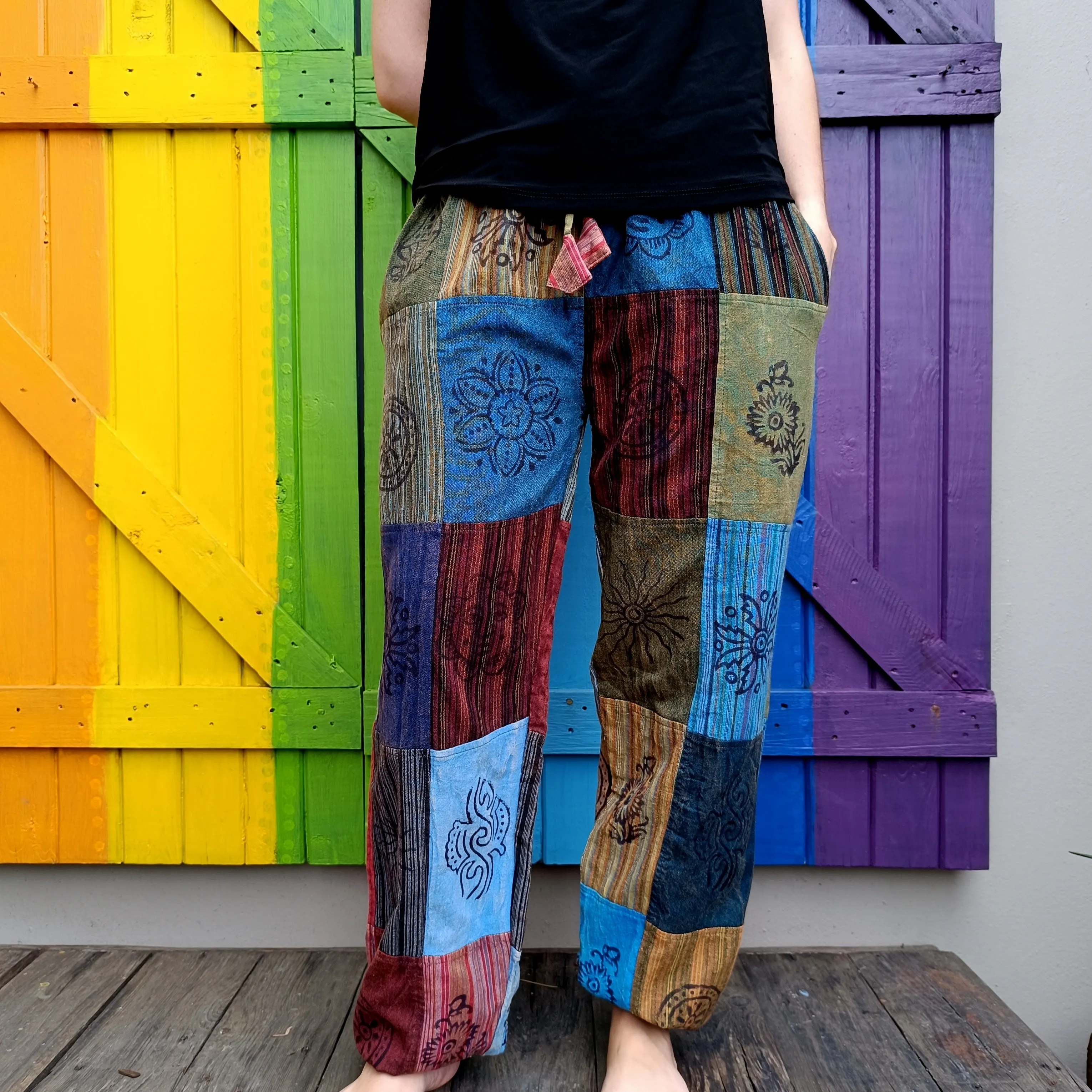 Smaller Cut Patchwork Long Pants with Stamp Detail and Elasticated Ankles Size SMALL