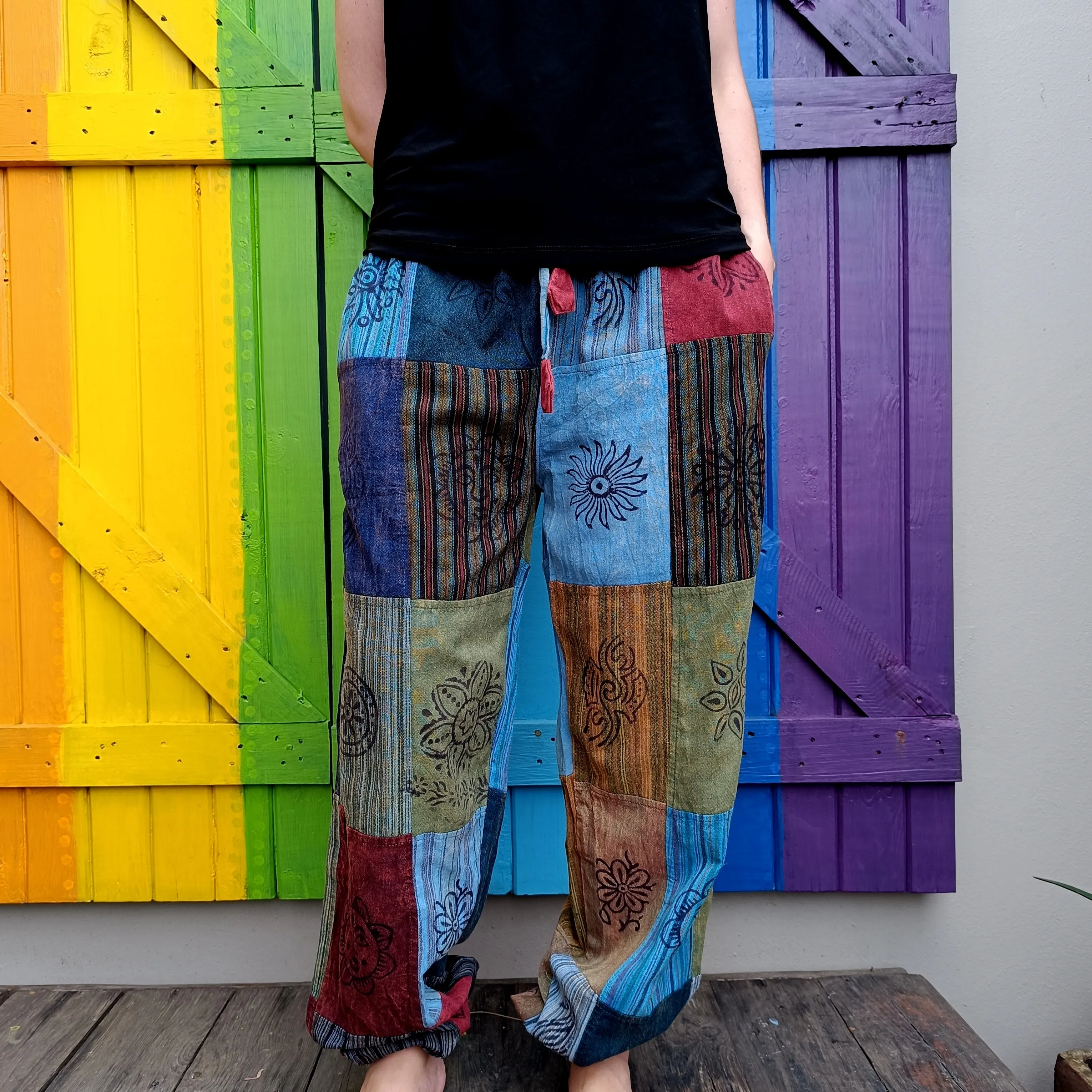 Smaller Cut Patchwork Long Pants with Stamp Detail and Elasticated Ankles Size SMALL
