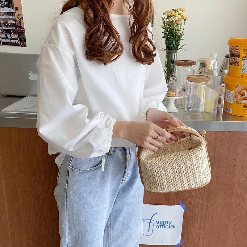 Straw Bucket Bag with Polyester Lining