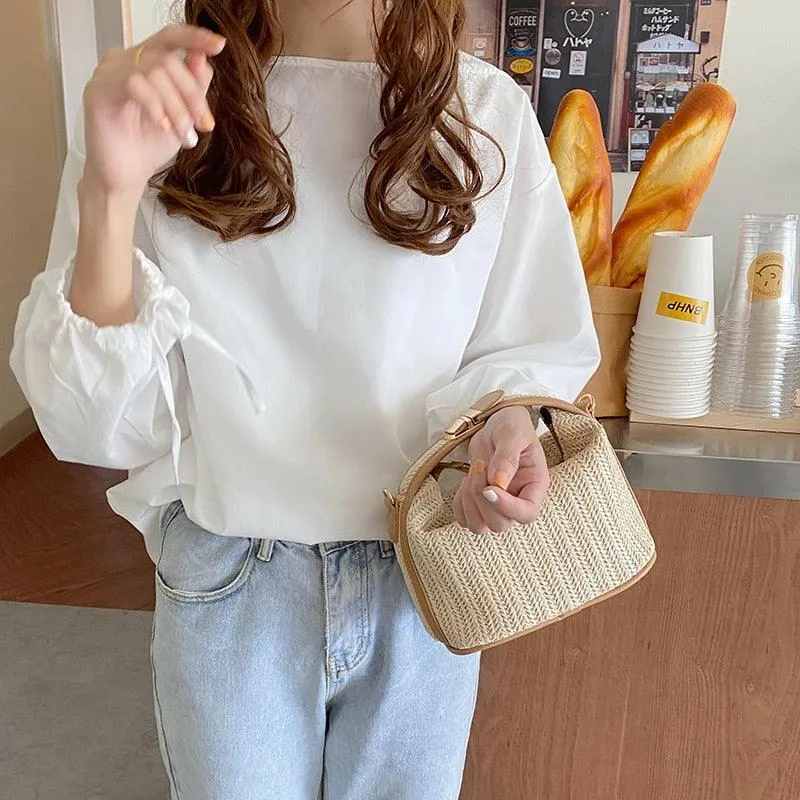 Straw Bucket Bag with Polyester Lining