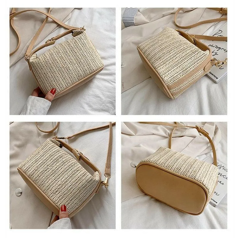 Straw Bucket Bag with Polyester Lining