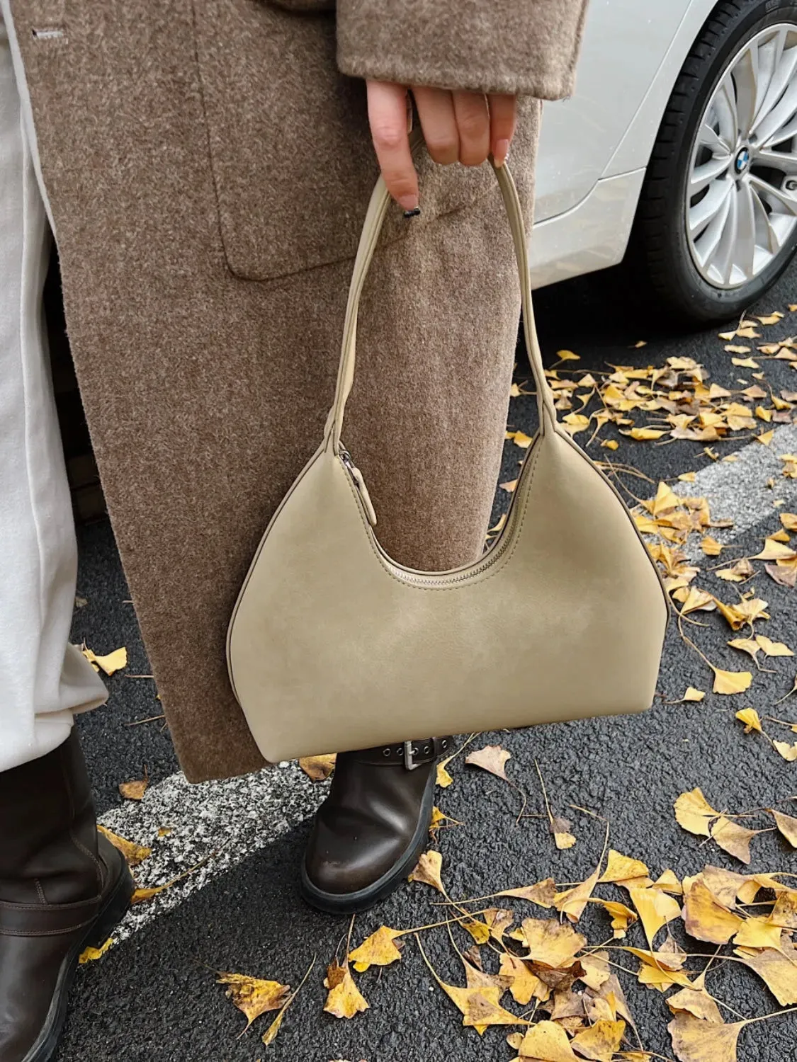 Suede Shoulder Bag with Zip