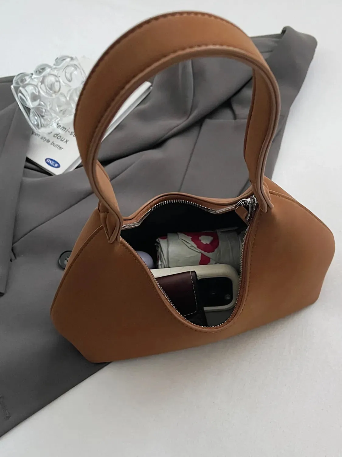Suede Shoulder Bag with Zip