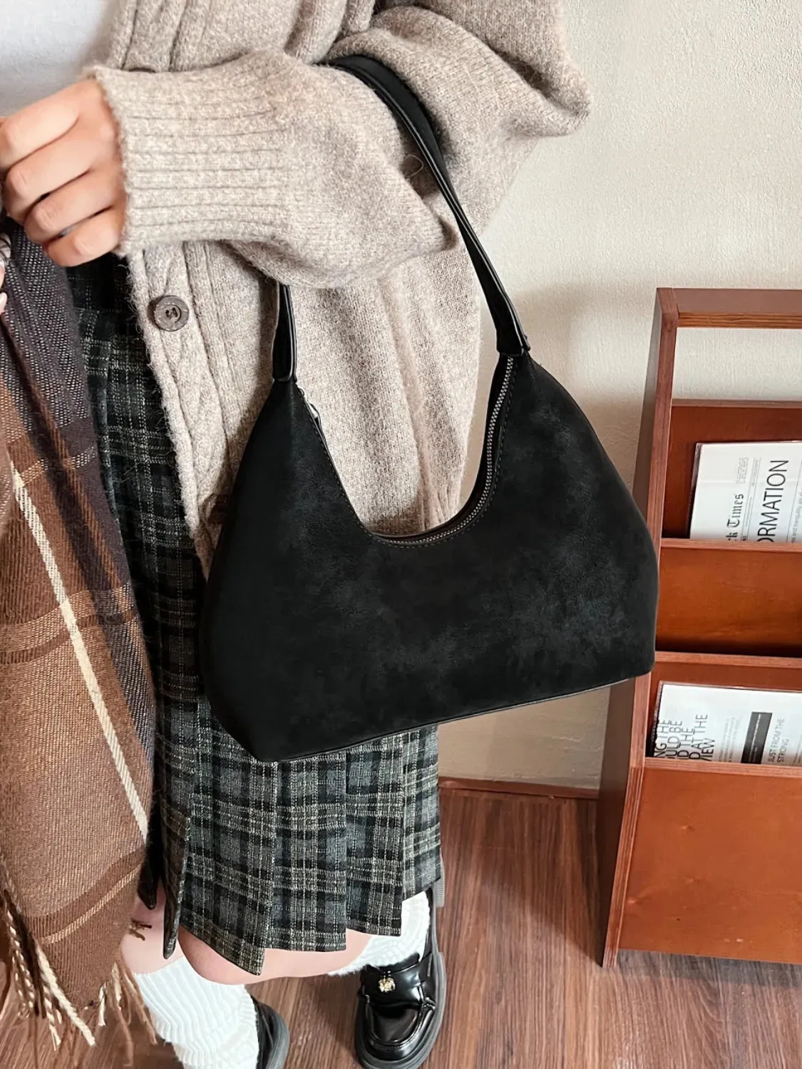 Suede Shoulder Bag with Zip