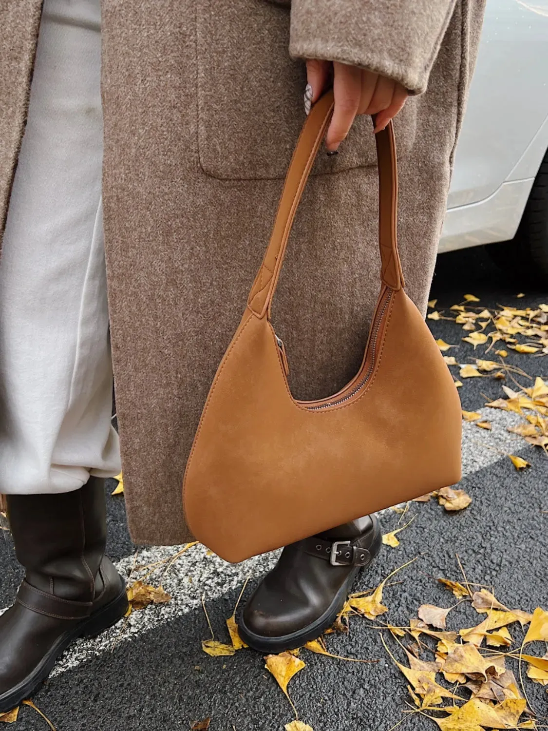 Suede Shoulder Bag with Zip