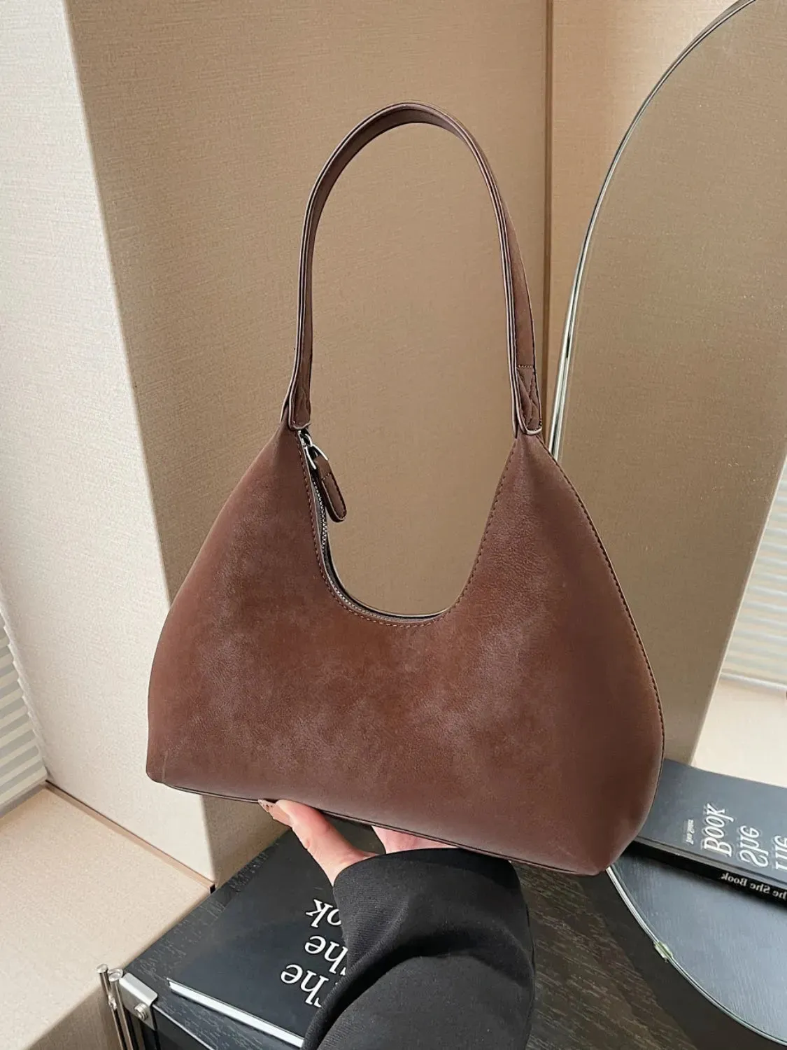 Suede Shoulder Bag with Zip
