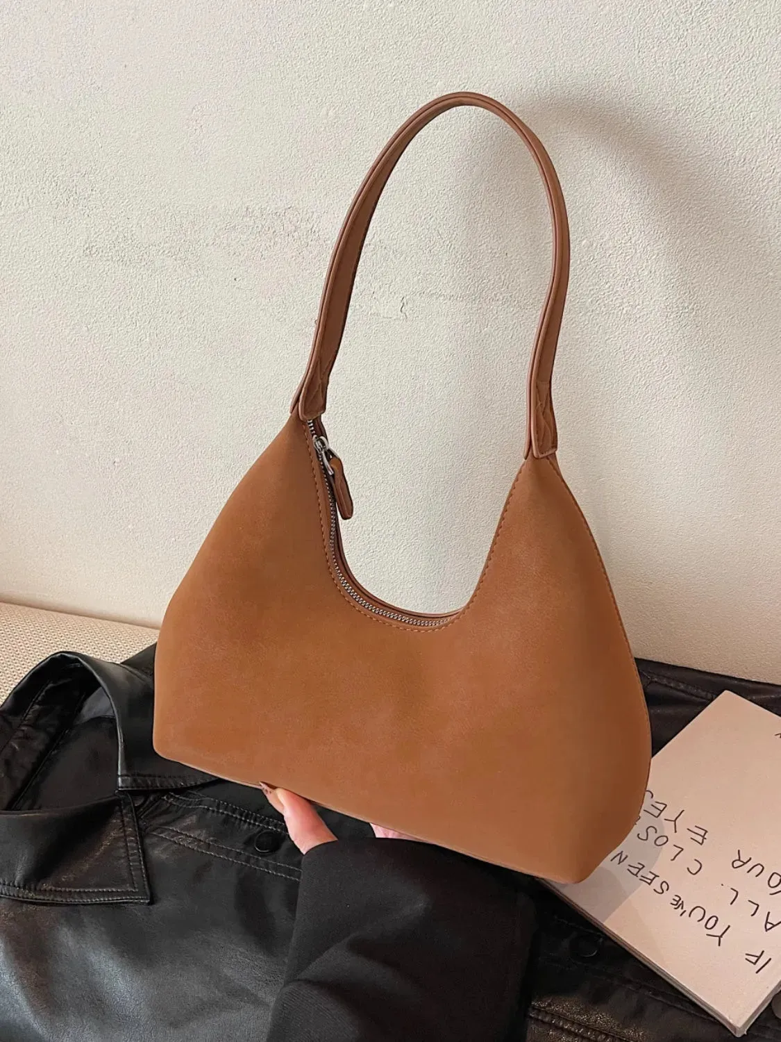 Suede Shoulder Bag with Zip