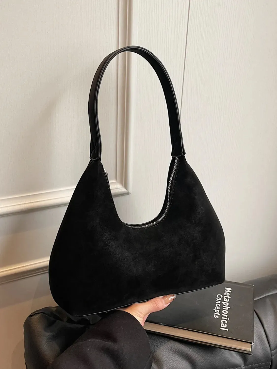 Suede Shoulder Bag with Zip