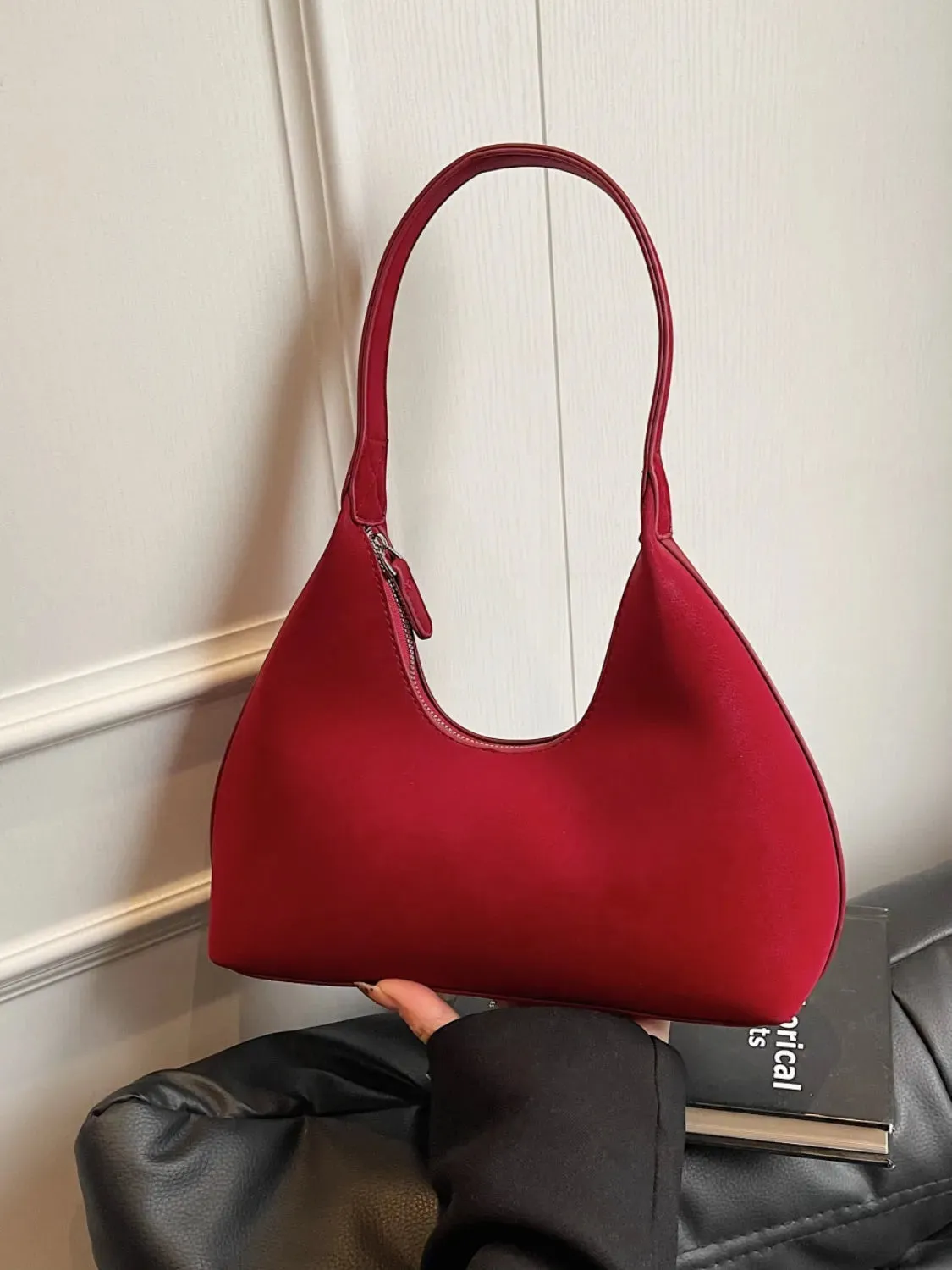 Suede Shoulder Bag with Zip
