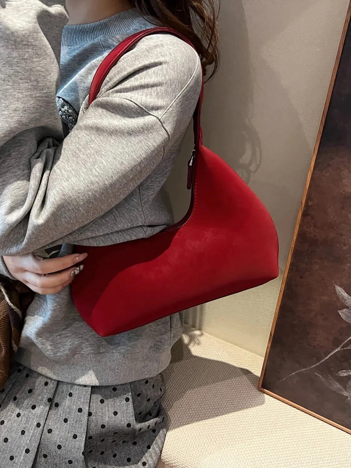 Suede Shoulder Bag with Zip