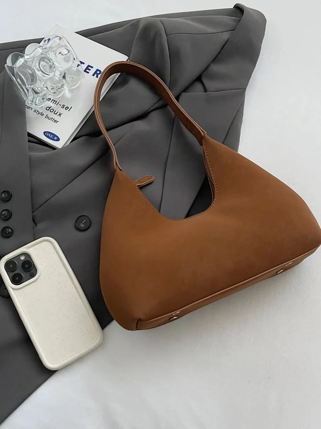 Suede Shoulder Bag with Zip