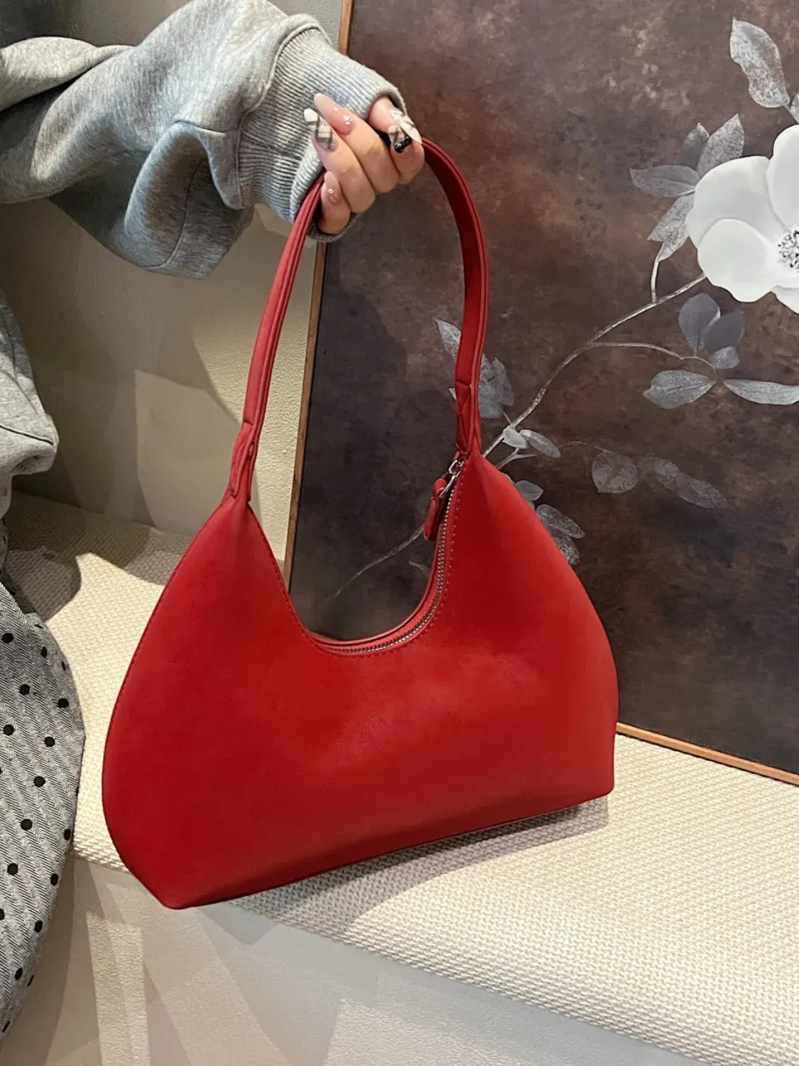 Suede Shoulder Bag with Zip