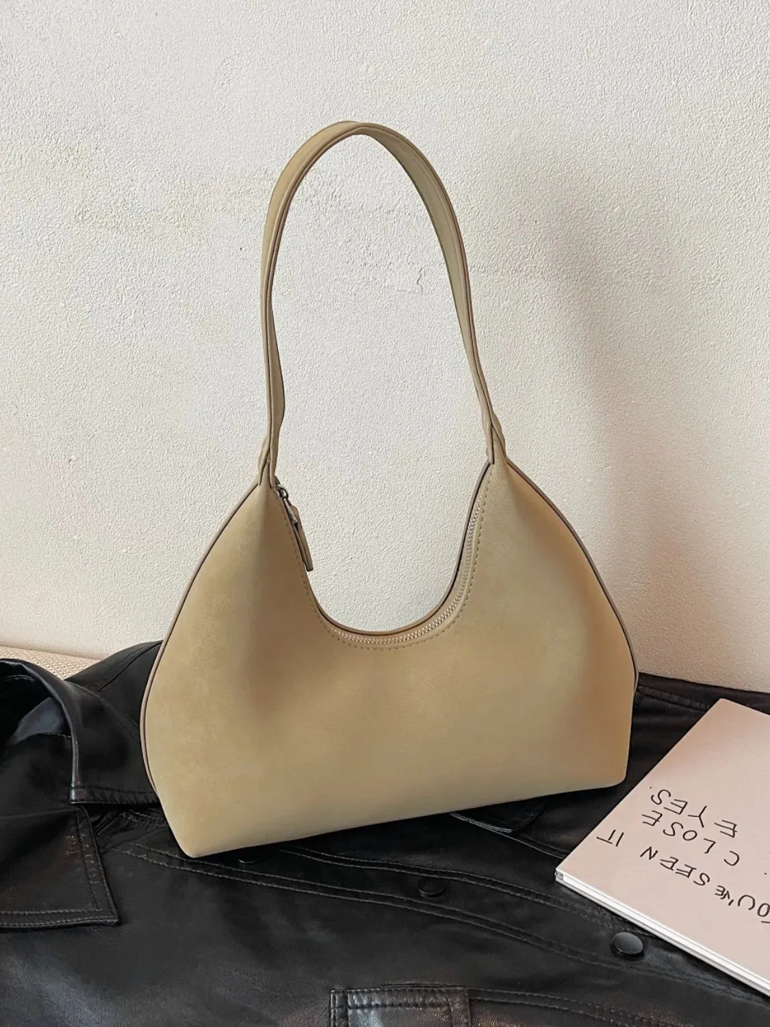 Suede Shoulder Bag with Zip