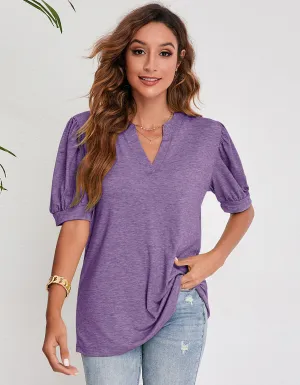 V Neck Solid-color Short Puff Sleeve Loose T-Shirt