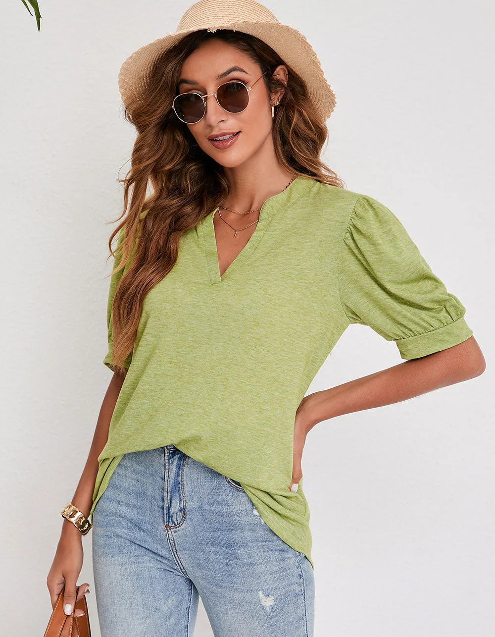 V Neck Solid-color Short Puff Sleeve Loose T-Shirt