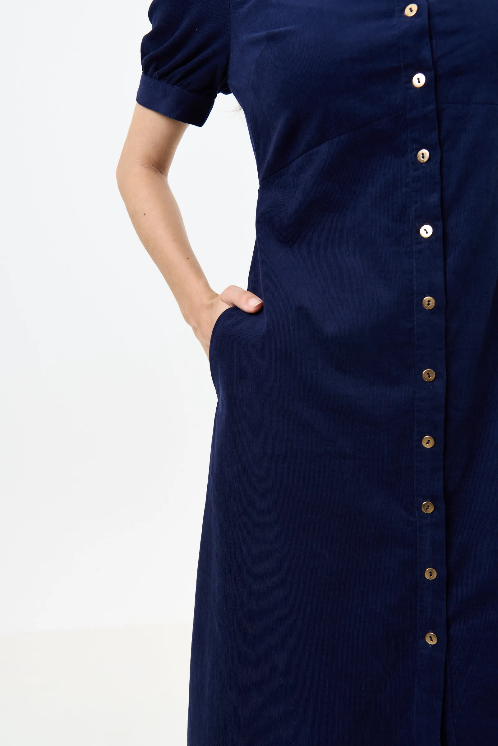 Wanda Lightweight Baby Cord Puff Sleeve Midi Dress - Navy