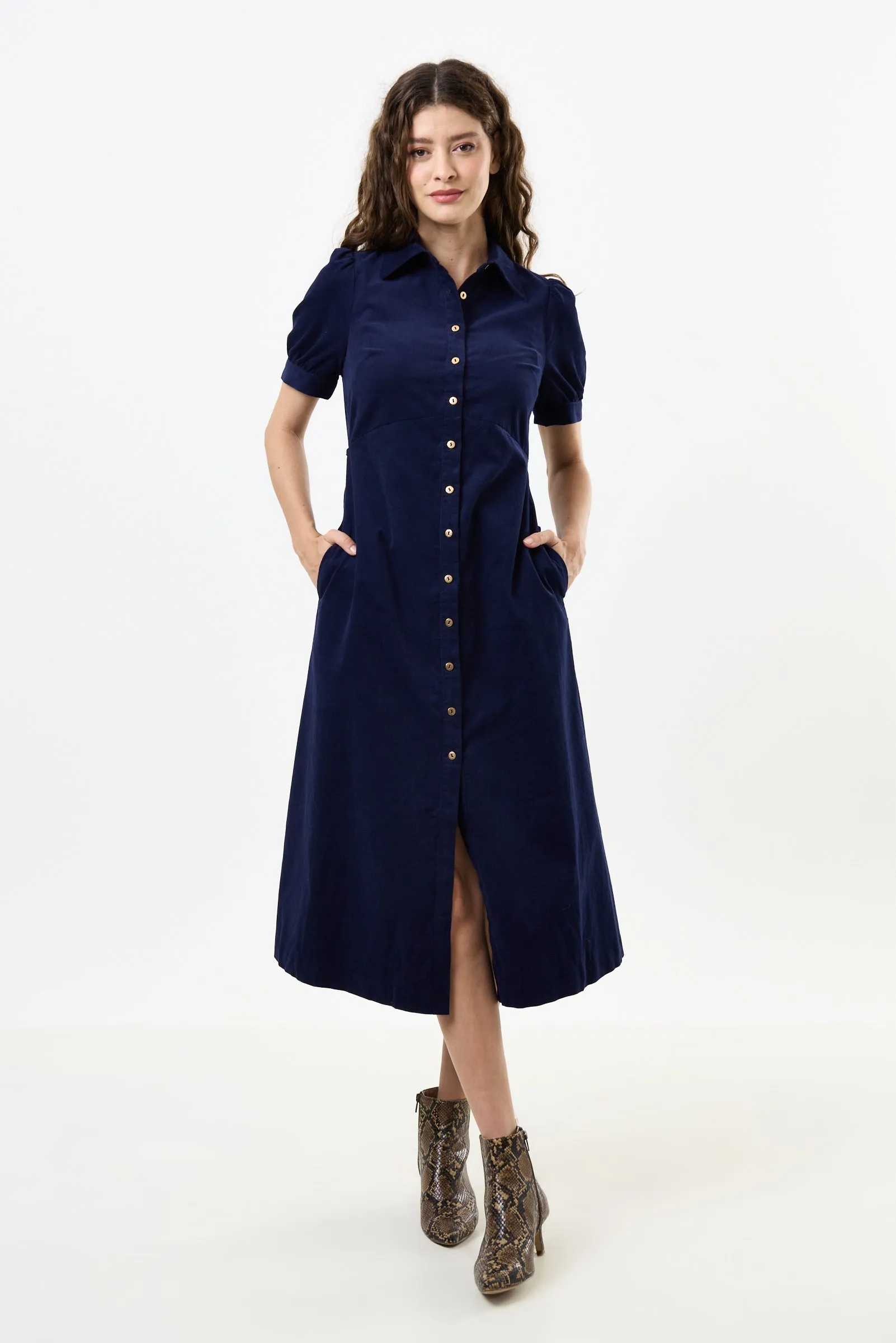Wanda Lightweight Baby Cord Puff Sleeve Midi Dress - Navy