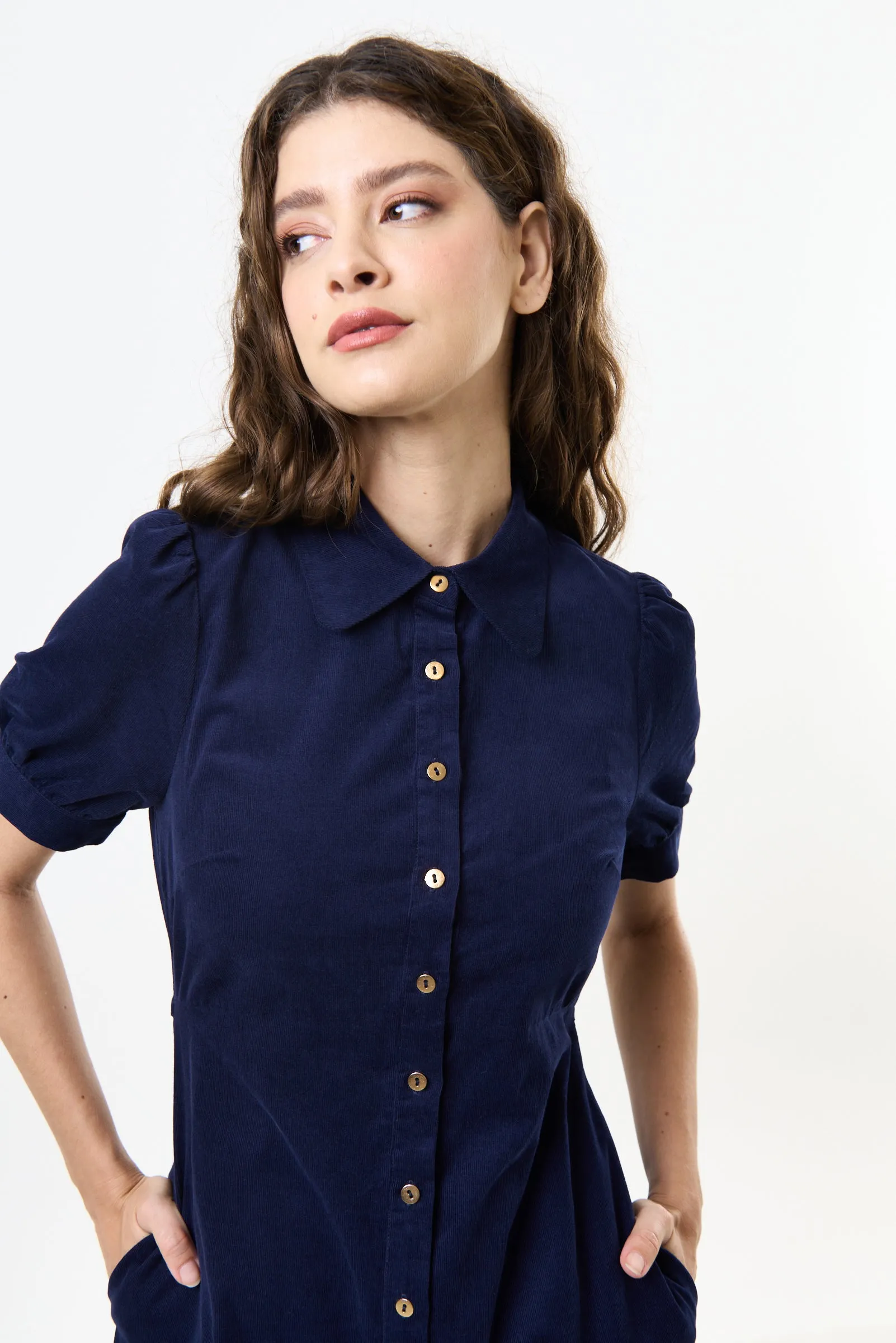 Wanda Lightweight Baby Cord Puff Sleeve Midi Dress - Navy