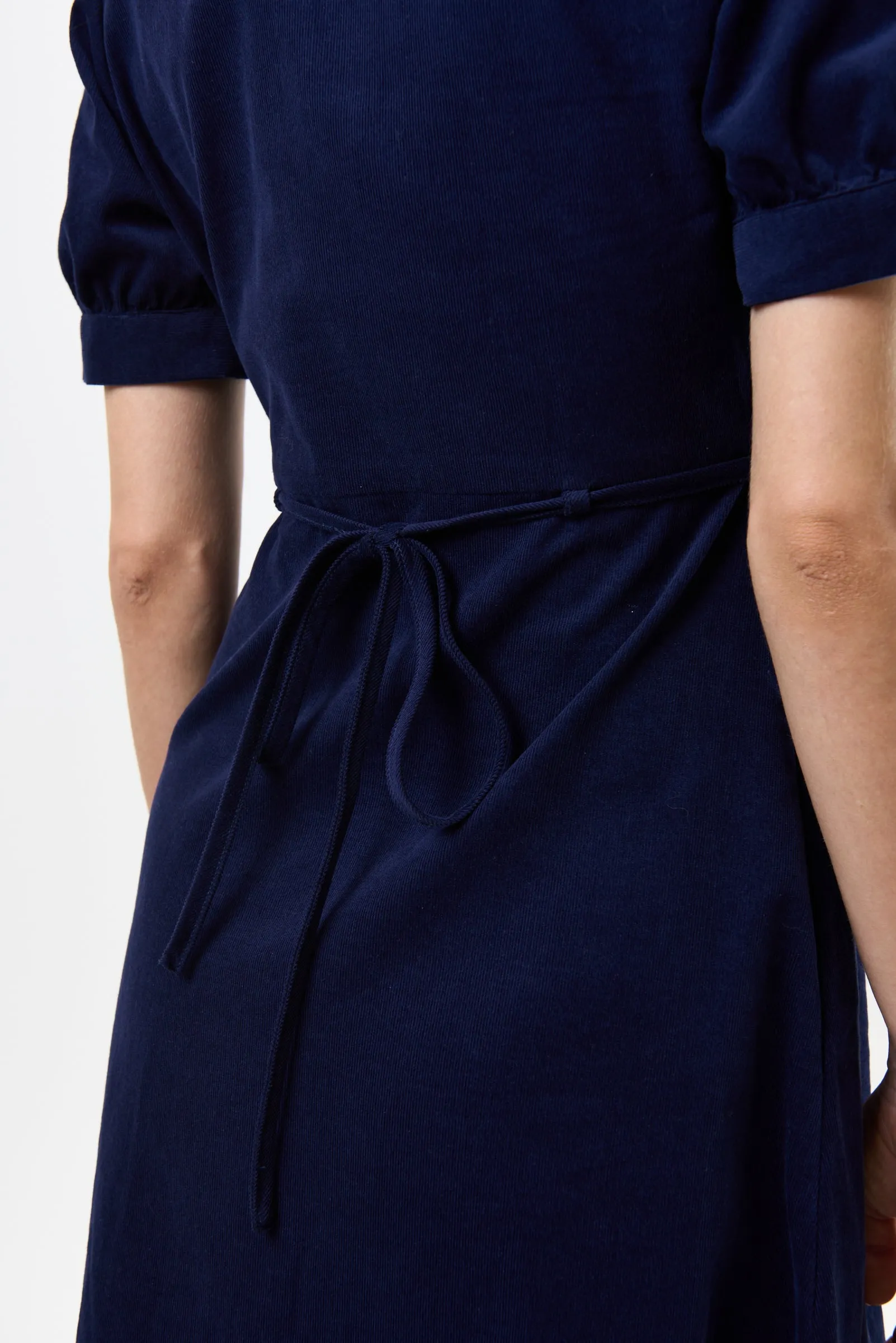 Wanda Lightweight Baby Cord Puff Sleeve Midi Dress - Navy