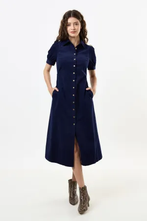 Wanda Lightweight Baby Cord Puff Sleeve Midi Dress - Navy
