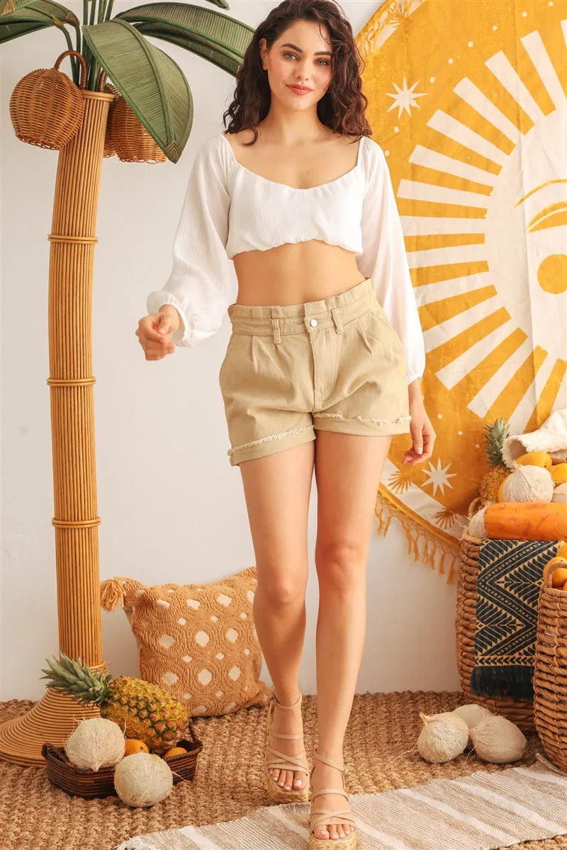 Women's Ivory Puff Long Sleeve Smocked Back Crop Top