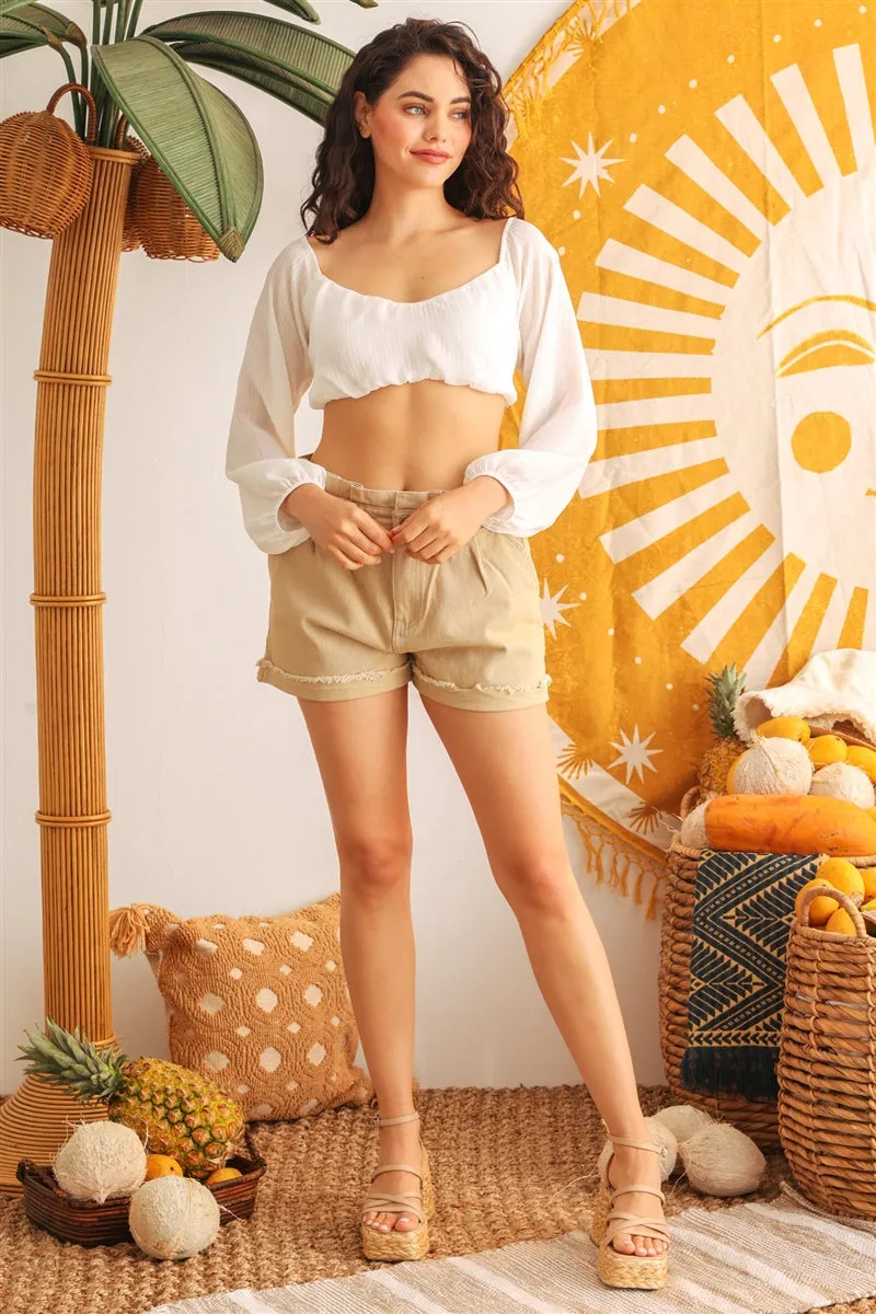 Women's Ivory Puff Long Sleeve Smocked Back Crop Top