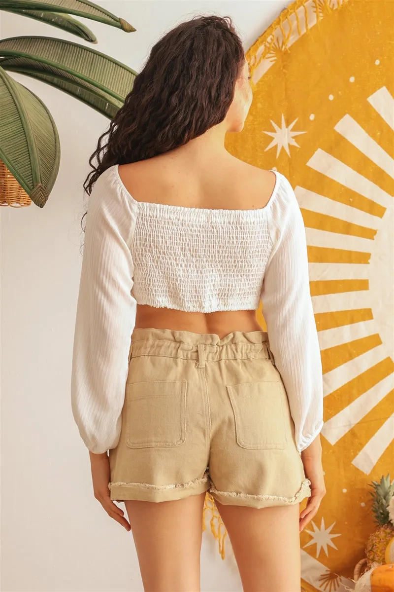 Women's Ivory Puff Long Sleeve Smocked Back Crop Top