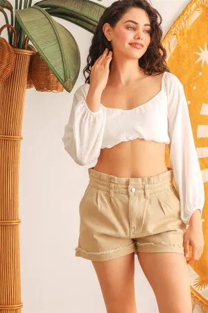 Women's Ivory Puff Long Sleeve Smocked Back Crop Top