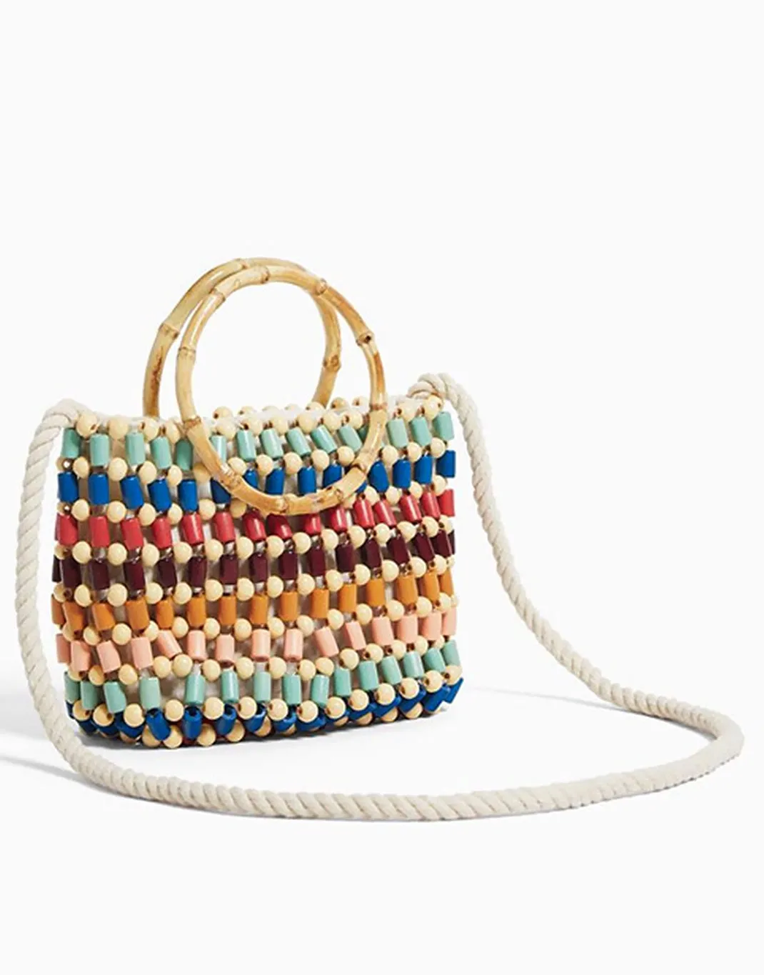 Women's Wood Beaded Tote Handbag Cotton Strap Bamboo Handle