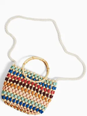 Women's Wood Beaded Tote Handbag Cotton Strap Bamboo Handle