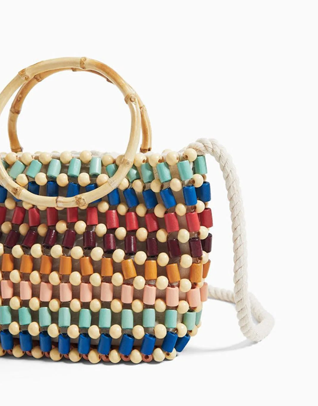 Women's Wood Beaded Tote Handbag Cotton Strap Bamboo Handle