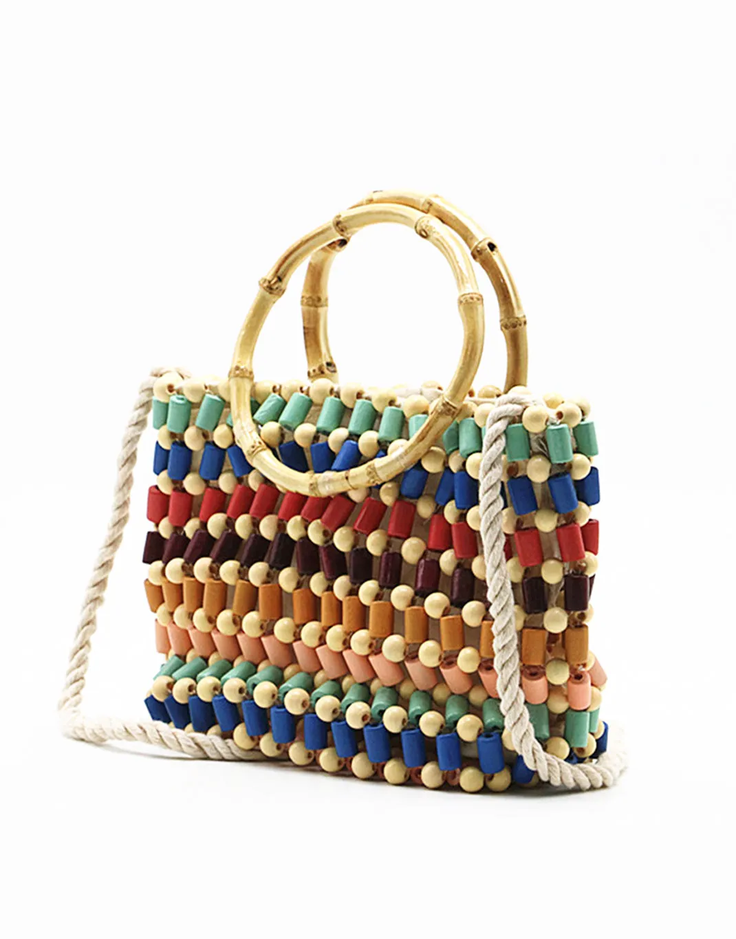 Women's Wood Beaded Tote Handbag Cotton Strap Bamboo Handle