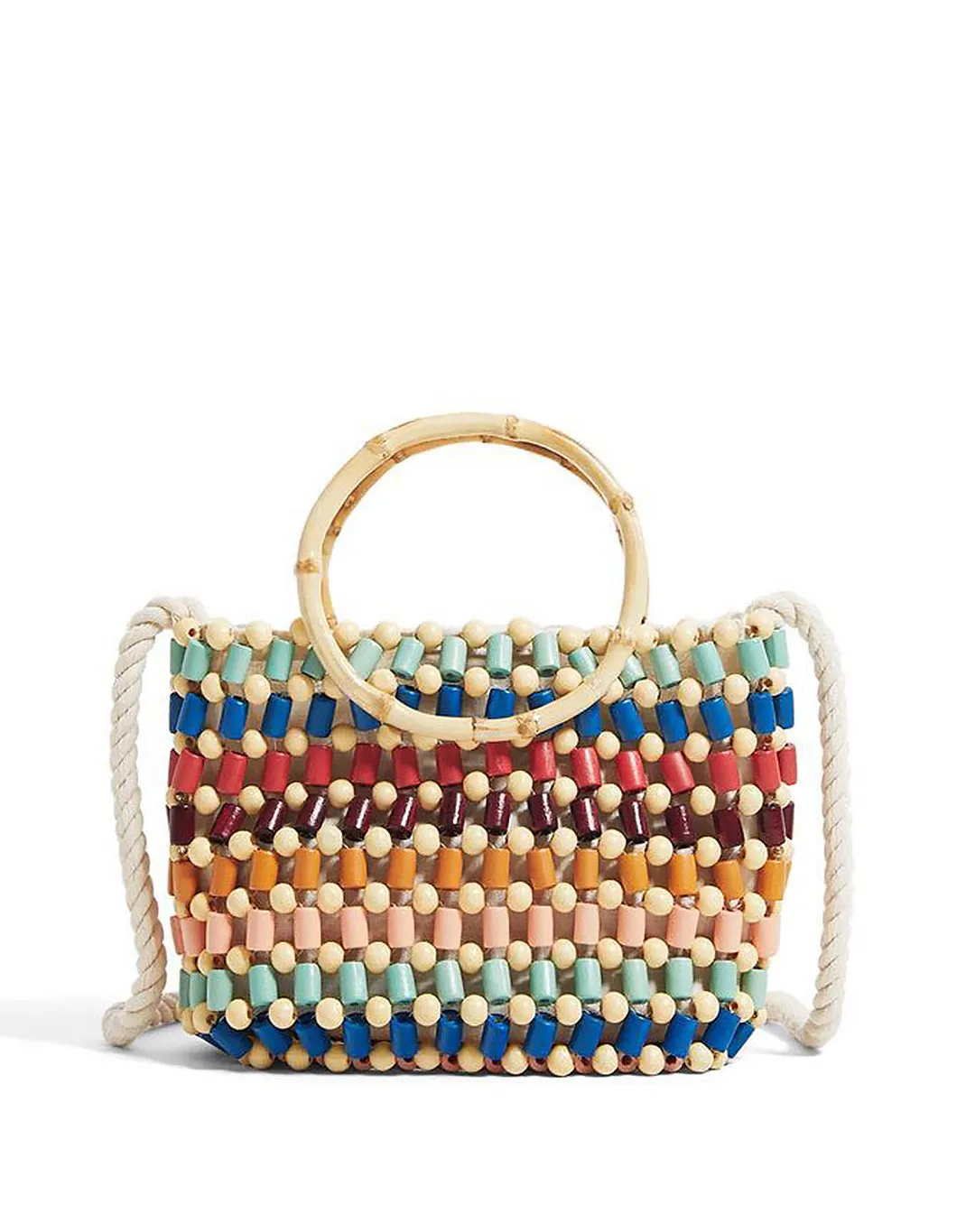 Women's Wood Beaded Tote Handbag Cotton Strap Bamboo Handle
