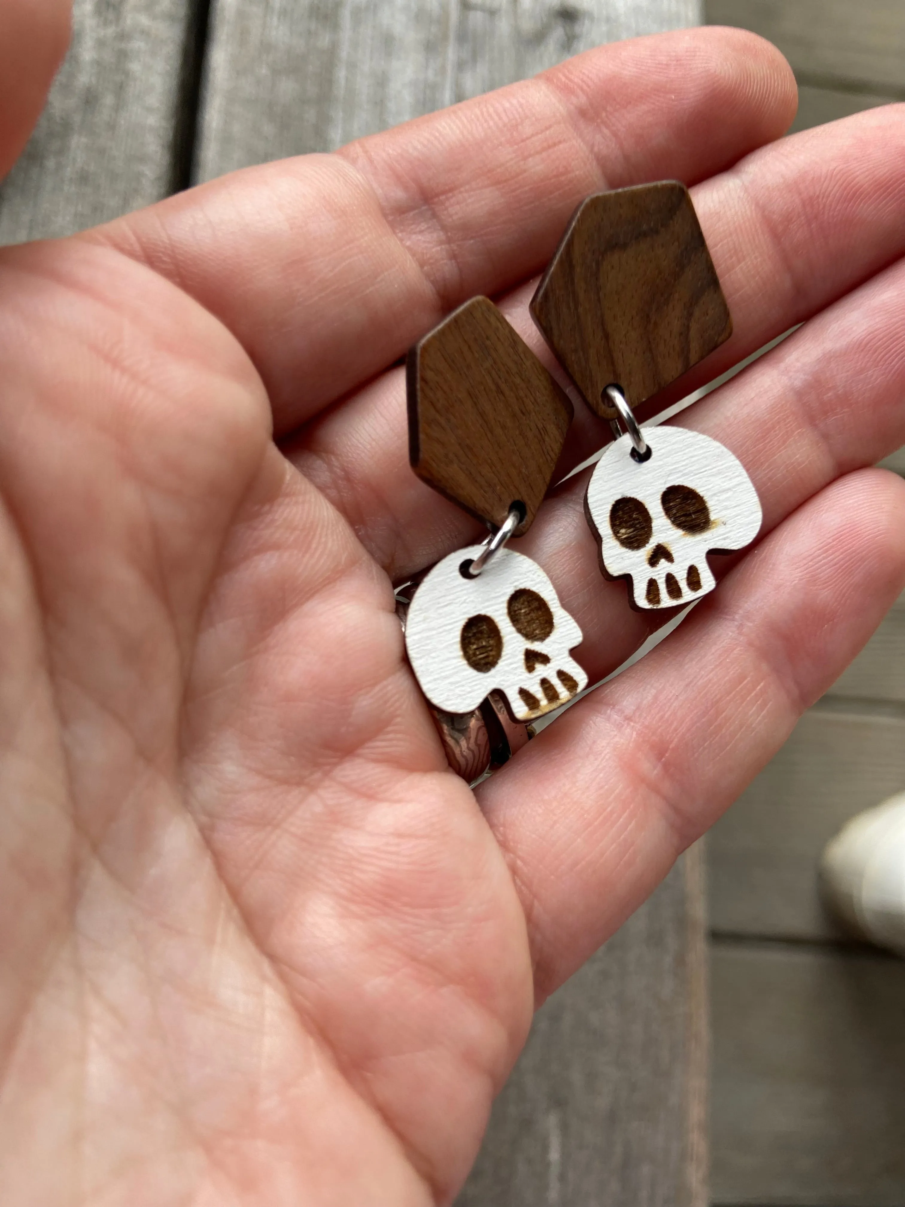 Wooden Skull Earrings, Geometric Stud
