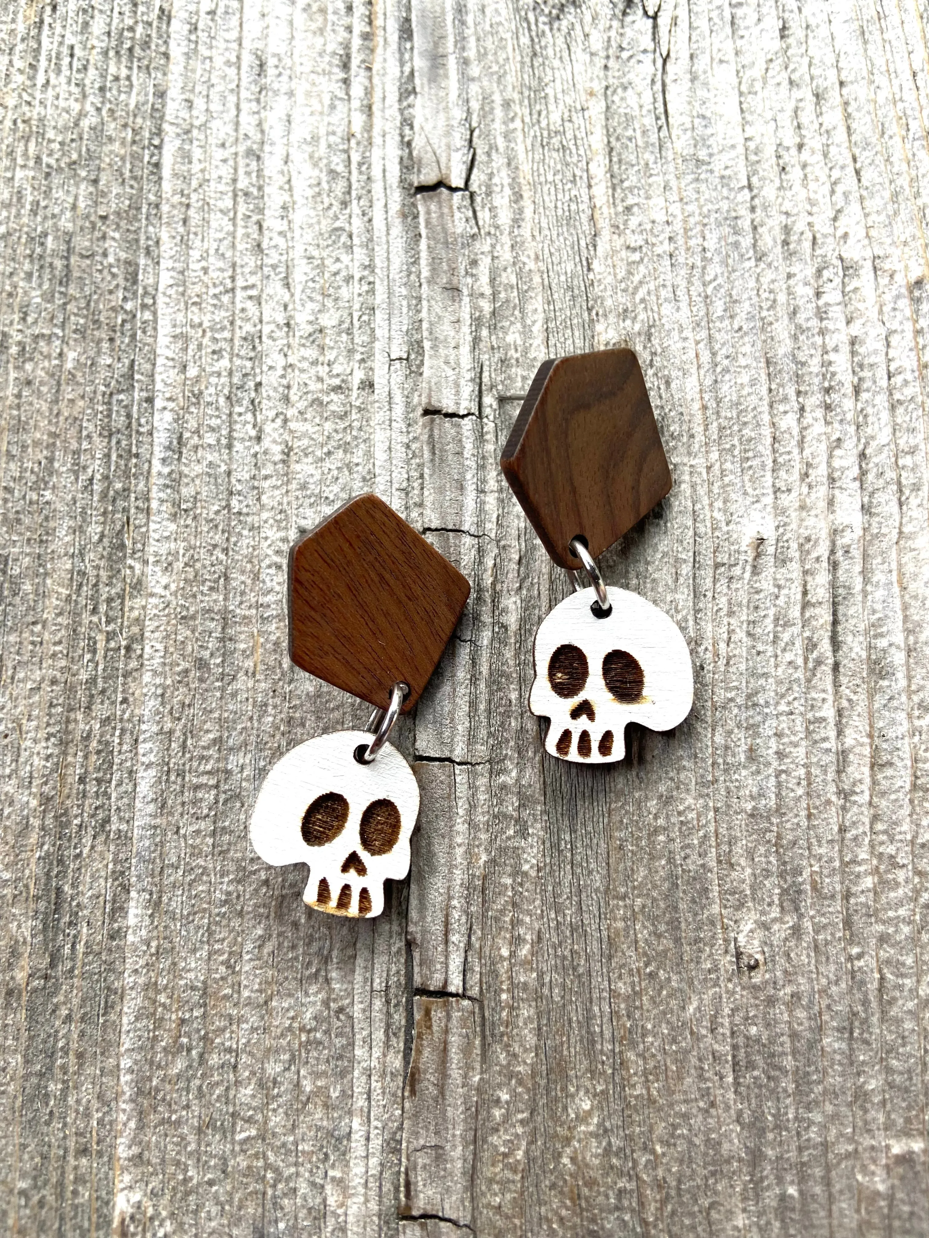 Wooden Skull Earrings, Geometric Stud